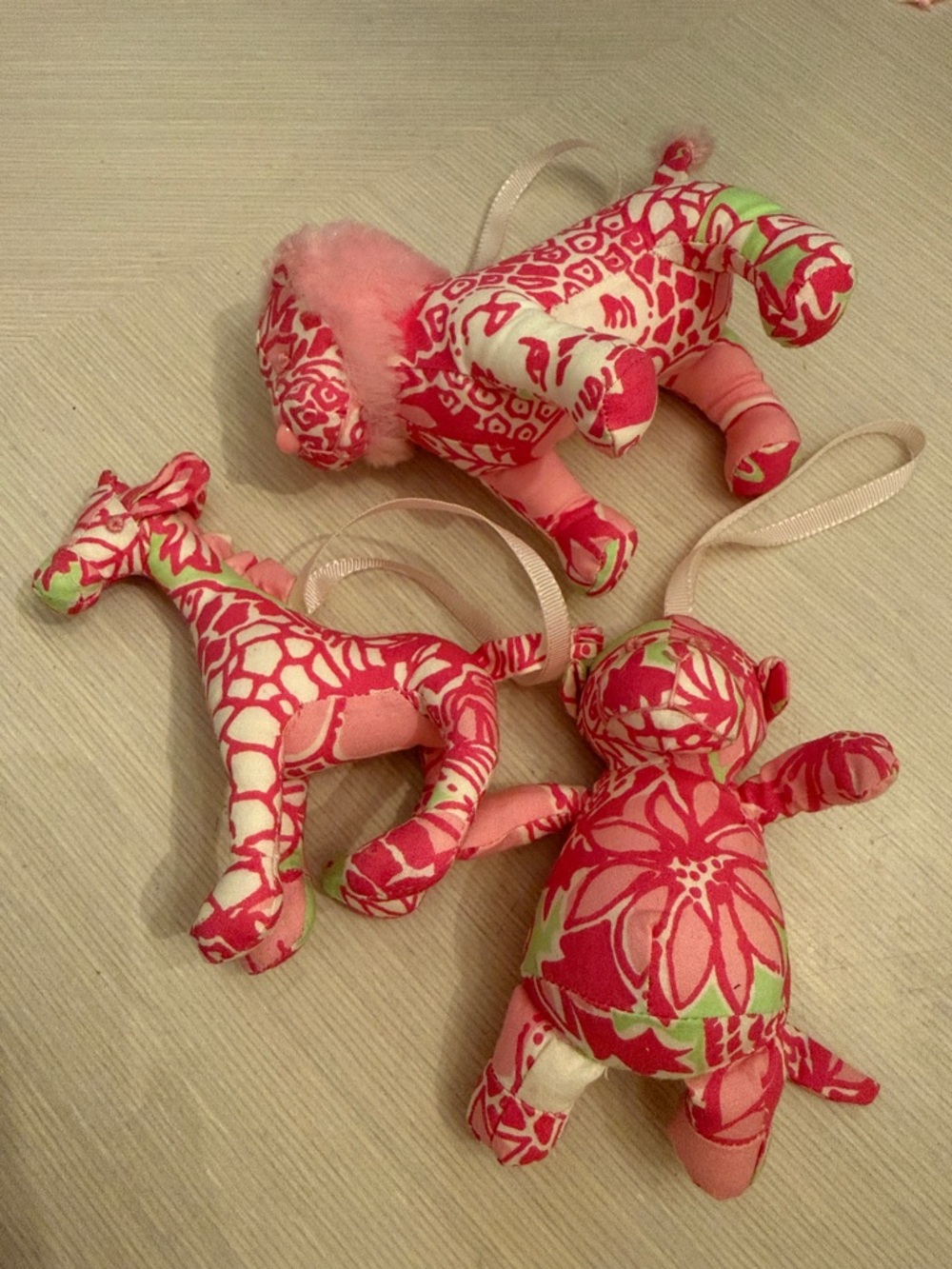 Lilly Pulitzer Pink Green Plush Ornament Giraffe Elephant & Teddy Bear Christmas